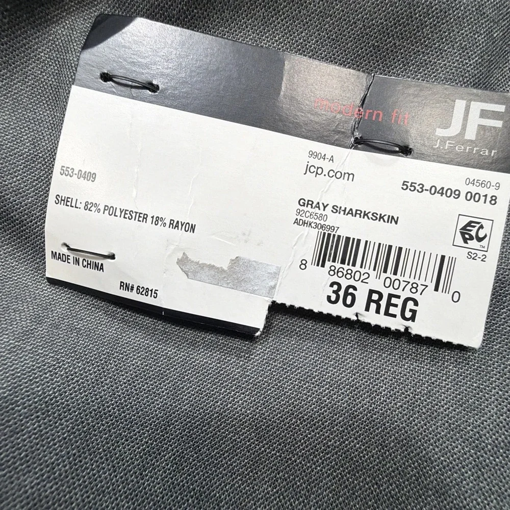 J FERRAR Modern Fit 2 Piece Full Suit Mens 36R 32x30 Sharkskin Gray Wedding New!